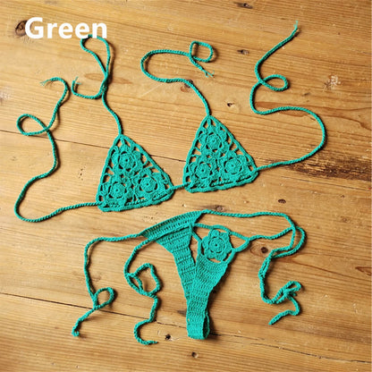 Women Sexy Handmade Bikini Sets Crochet Flower Solid Color Lace Thong String Swimwear Sunbathing Swimsuit Beach Wear Lace-up