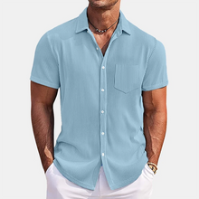 QDBAR Daily Leisure Mens Ribbed Shirt 2024 Summer Fashion Solid Color Striped Textured Shirts Beach Casual Short Sleeve Men Cardigans