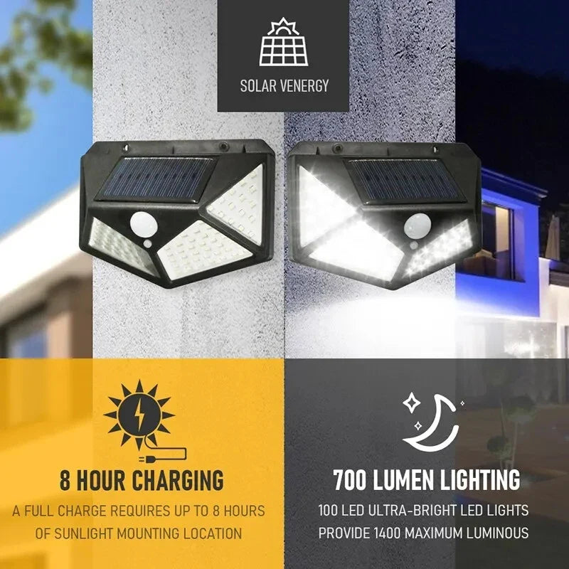 100 LED Solar Wall Lamp with Motion Sensor – Outdoor Waterproof 4-Sided Luminous Light for Garden & Courtyard (1/2/4/6/10PCS)