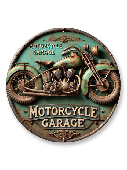 2D Vintage Retro 8x8" Aluminum Sign - Round Motorcycle Garage Metal Tin Wall Decor For Home, Garage, Cafe