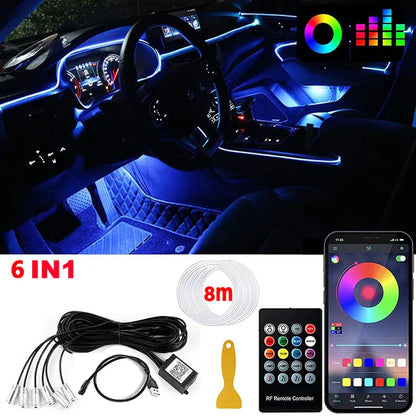 RGB LED Fiber Optic Ambient Strip Lights with App Control for Cars