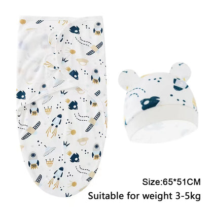Newborn Cotton Baby Swaddle Wrap Adjustable Sleepsack Hat Set