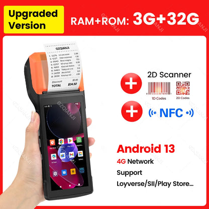 New 4G Wireless Wifi Handheld PDA Printers Android 8.1 13 POS Terminal Touch Screen Built-in 2D Barcode Scanner NFC Card Reader