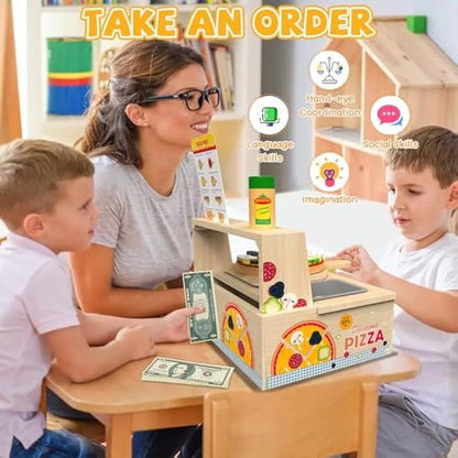 Wooden Pizza Toy - 48 PCS Montessori Pretend Play Food for Ages 3+ Educational Learning Toy Wooden Playset with Bake Oven Chris