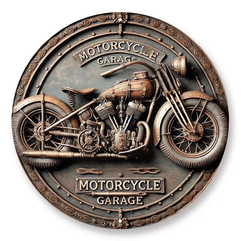 2D Vintage Retro 8x8" Aluminum Sign - Round Motorcycle Garage Metal Tin Wall Decor For Home, Garage, Cafe