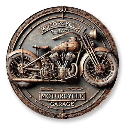 2D Vintage Retro 8x8" Aluminum Sign - Round Motorcycle Garage Metal Tin Wall Decor For Home, Garage, Cafe
