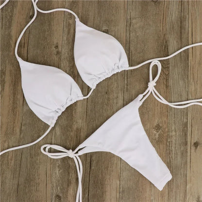 Women Thong Bikini Set Side Tie Sexy Swimsuit Bandage Style Brazilian Swimwear Neck Hanging Solid Color Adjustable Swimsuit Set