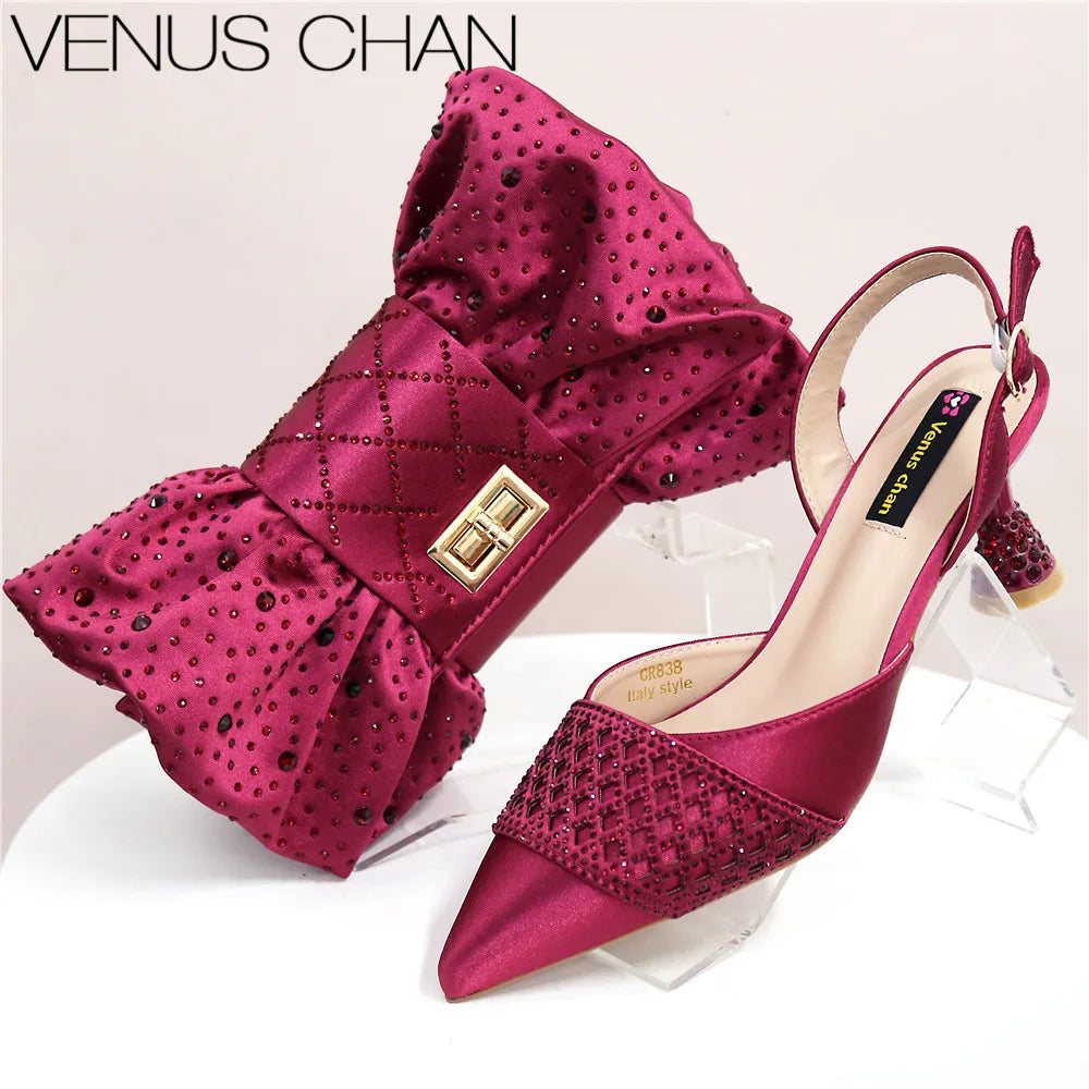 Latest Women Italian Shoes and Matching Bags Decorated with Rhinestone Elegant Pointed Toe Wedding Shoes Bride