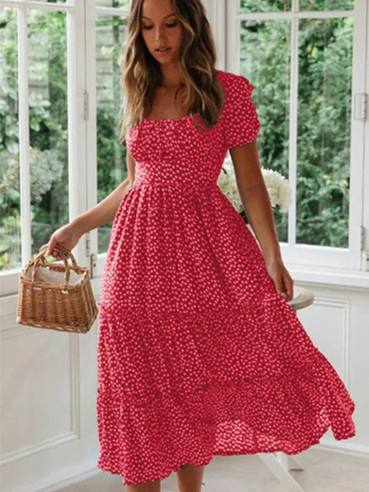 Vintage Print Puff Sleeve Maxi Dress - Summer Floral Casual Dress