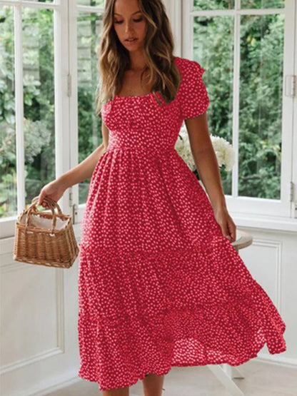 Vintage Print Puff Sleeve Maxi Dress - Summer Floral Casual Dress