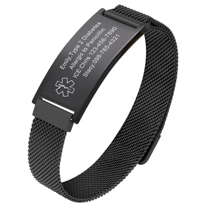 Magnetic Medical Alert Bracelets for Men Women Teenagers,15-24CM Customize Stainless Steel Mesh Emergency Medical ID Wristband