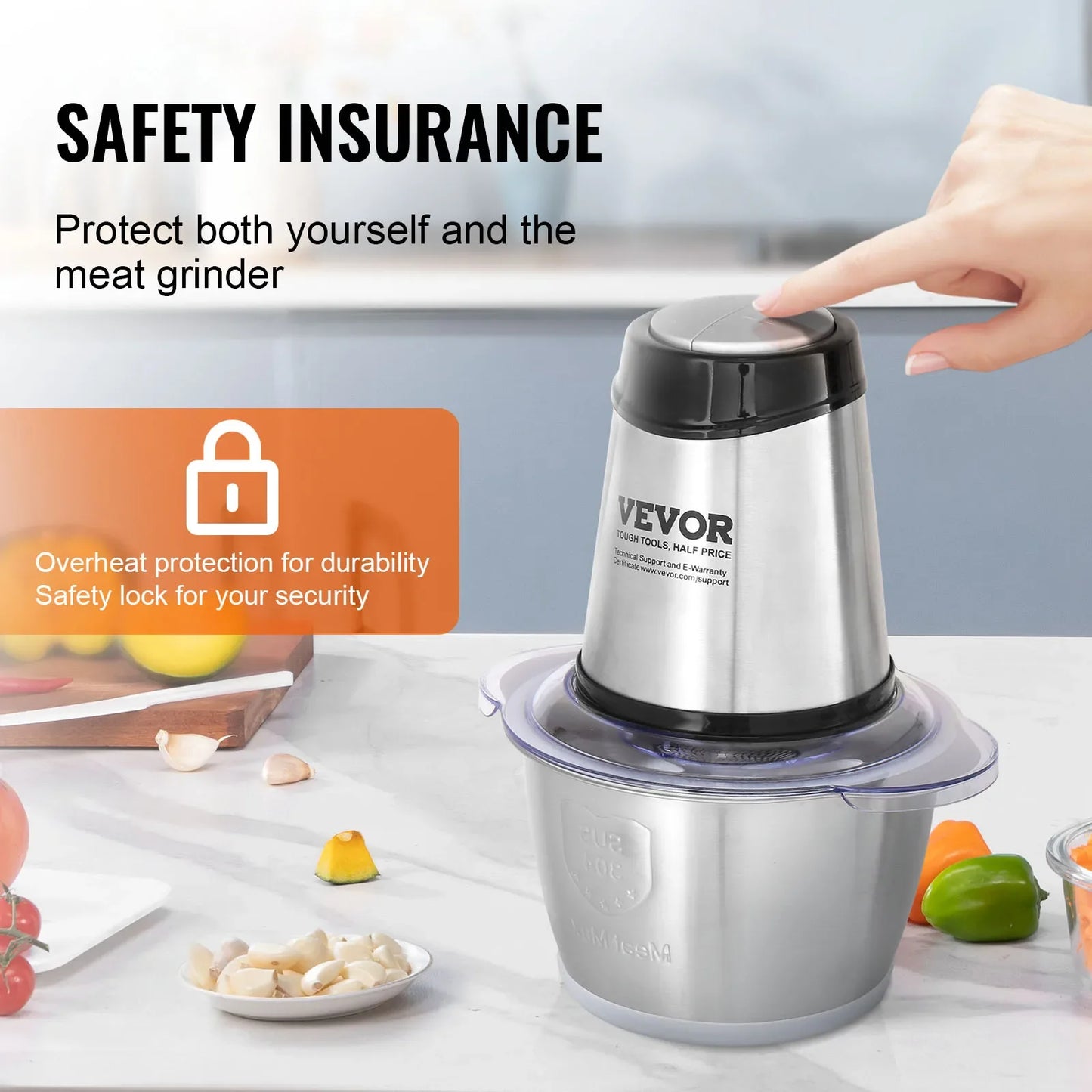 VEVOR Food Processor Electric Meat Grinder with 4Wing Stainless Steel Blades 8+5