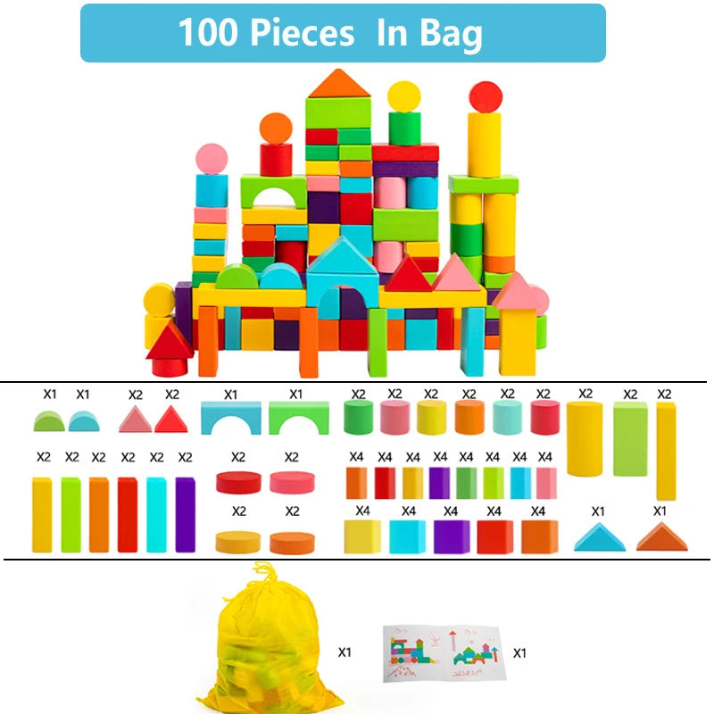 Wooden Building Blocks Toy Set with Storage Bag for Kids