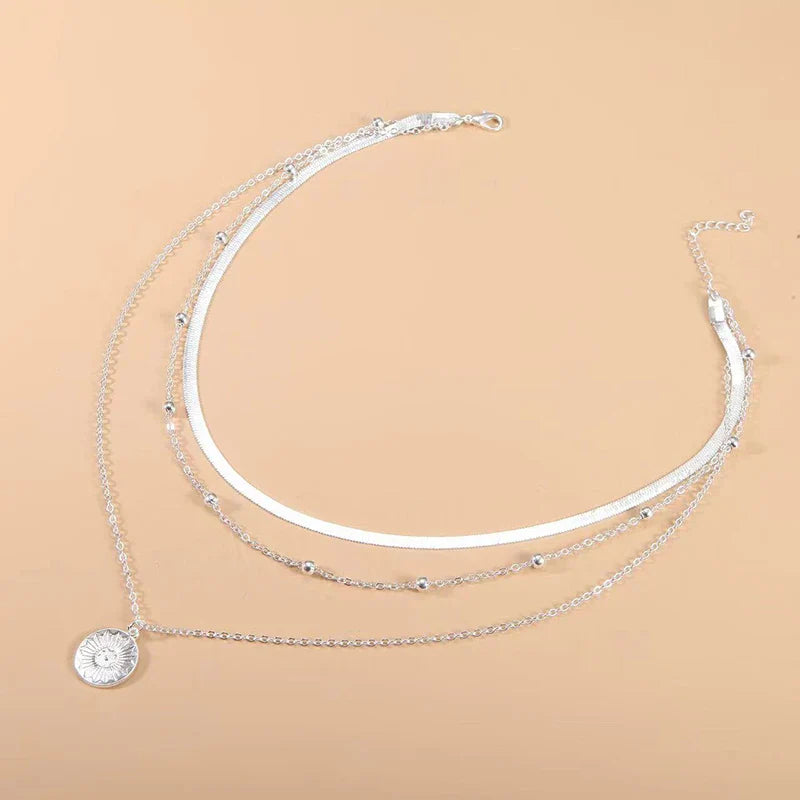 925 Sterling Silver Round Charm Three Layer Necklace