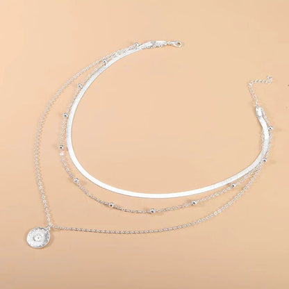 925 Sterling Silver Round Charm Three Layer Necklace