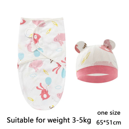 Newborn Cotton Baby Swaddle Wrap Adjustable Sleepsack Hat Set