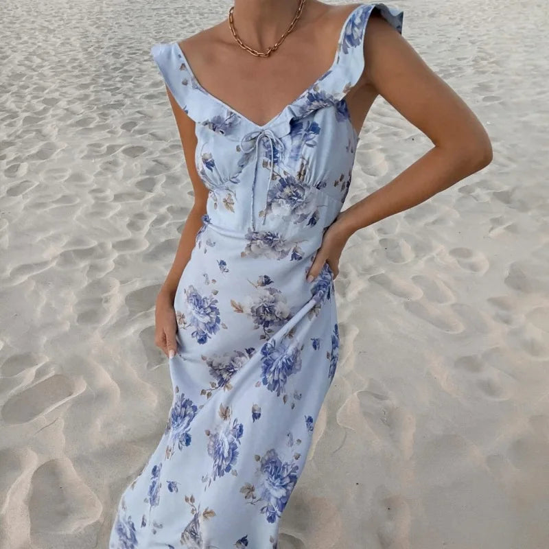 Summer Floral Plunge Maxi Dress - Sexy Backless Vacation Beachwear