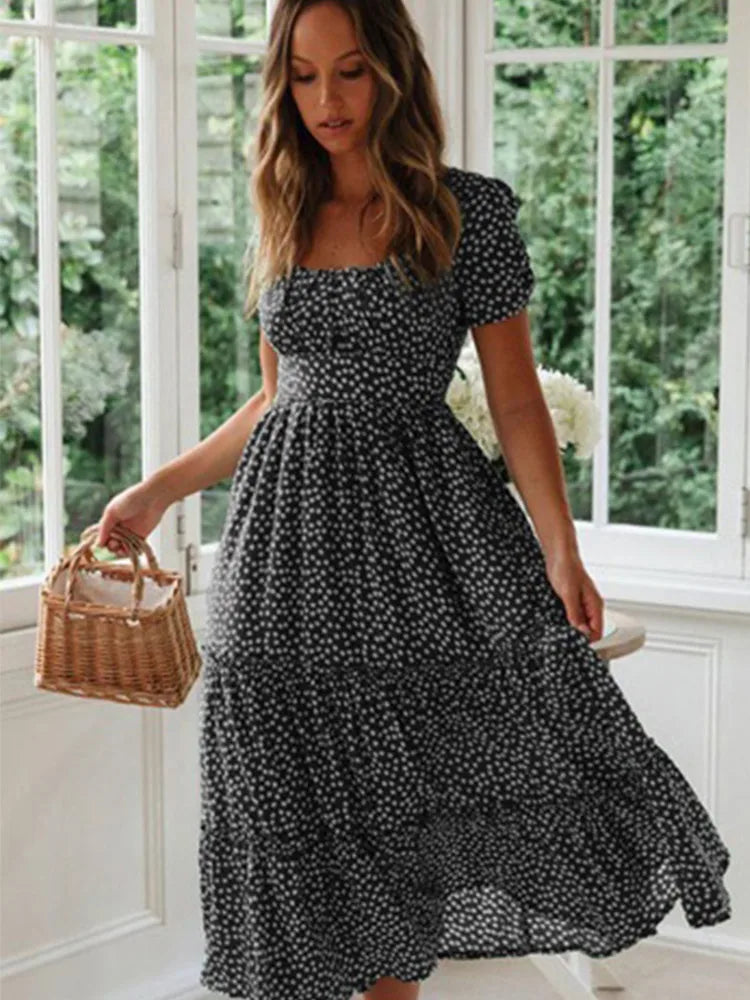Vintage Print Puff Sleeve Maxi Dress - Summer Floral Casual Dress