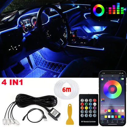 RGB LED Fiber Optic Ambient Strip Lights with App Control for Cars