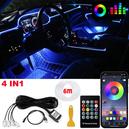 RGB LED Fiber Optic Ambient Strip Lights with App Control for Cars