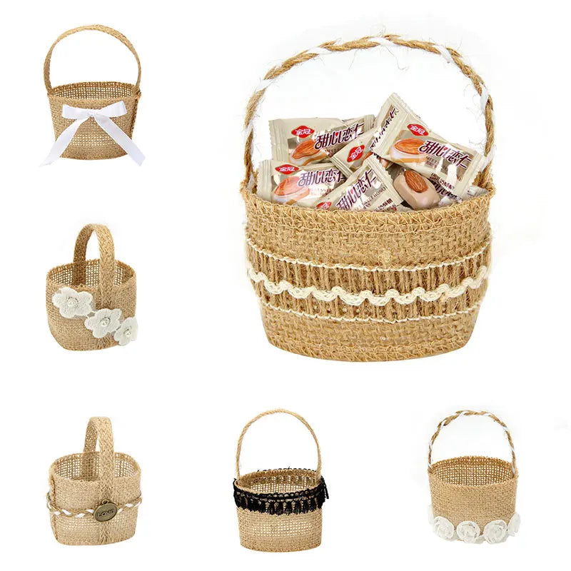 Wedding Lace Burlap Flower Basket Linen Candy Storage Bag Wedding Party Baby Shower Favour Gift Bag