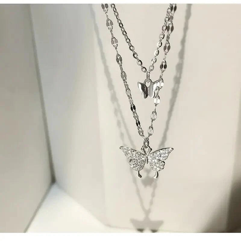 Women's Sparkling Double Layer Butterfly Collar Necklace