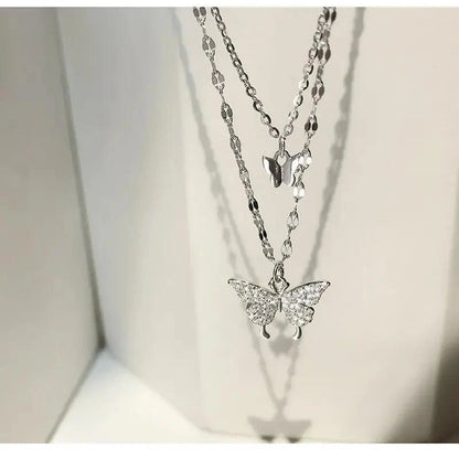 Women's Sparkling Double Layer Butterfly Collar Necklace