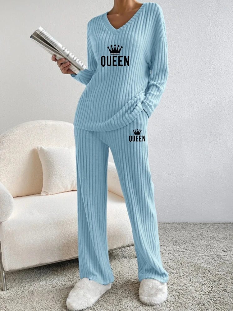 Women's V-Neck Ribbed 2-Piece Set for Fall and Winter