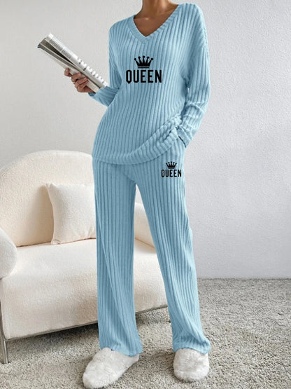 Women's V-Neck Ribbed 2-Piece Set for Fall and Winter