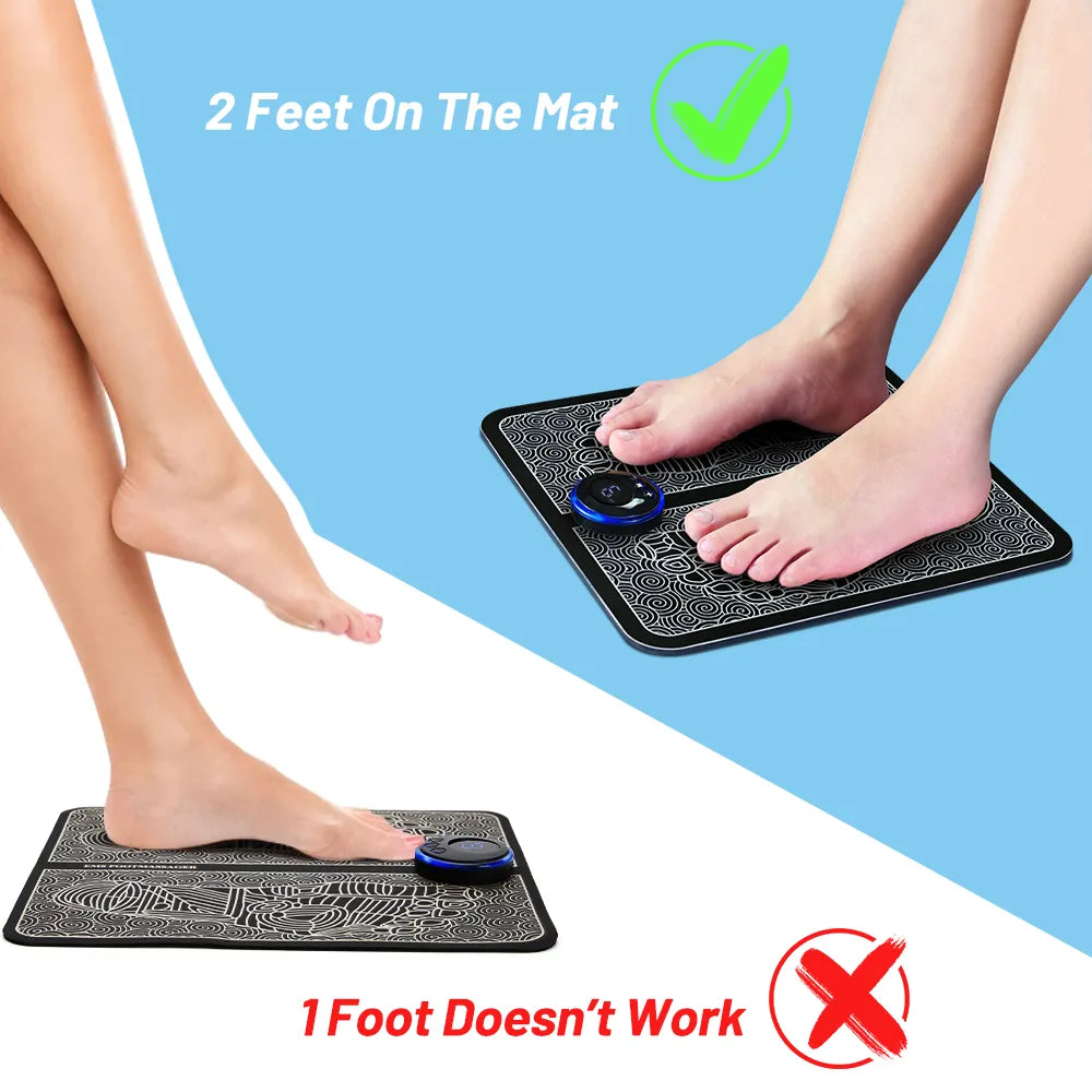 Person using portable EMS foot massager pad at home


