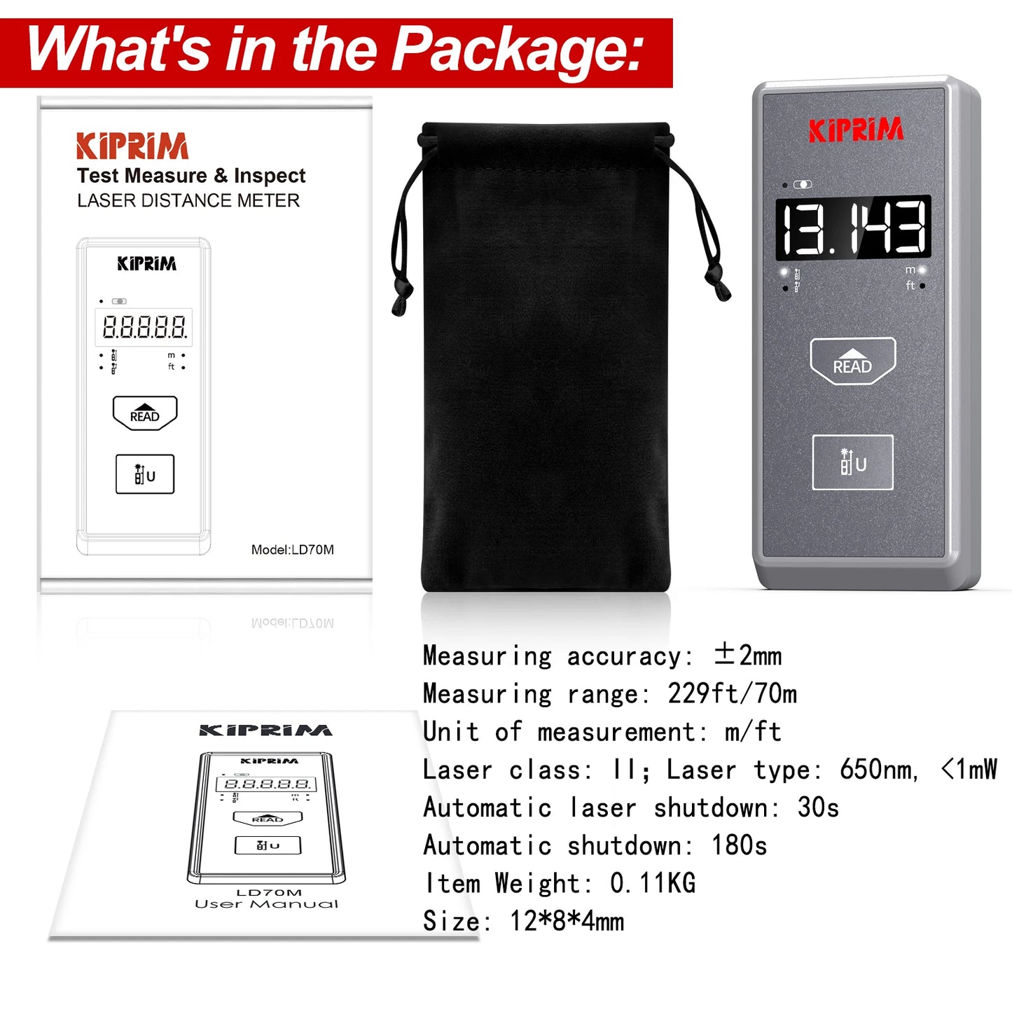 Kiprim Laser Rangefinder 50M 70M 100M Mini Laser Measurement Tool Laser Tape High Accuracy  Multiple Measurement Functions