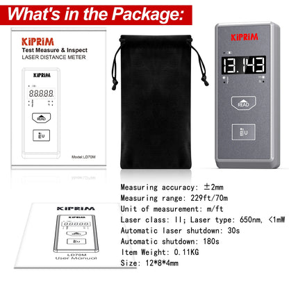 Kiprim Laser Rangefinder 50M 70M 100M Mini Laser Measurement Tool Laser Tape High Accuracy  Multiple Measurement Functions