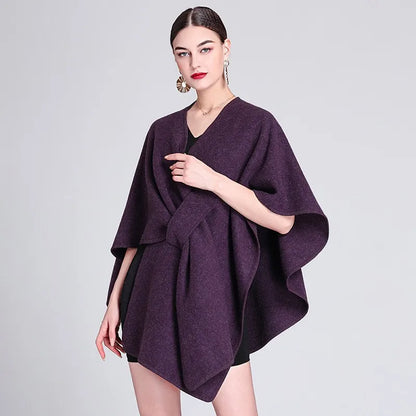 Casual Wool Blend Poncho Coat in Solid Color for Women