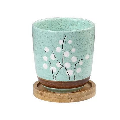 Flower Pot With Bamboo Tray Japanese style Ceramic Lot Mini Cement Succulent   Bonsai Planter Garden Decor Office Home Plant