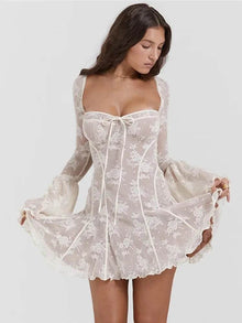 Elegant Backless Long Flare Sleeve Print Mini Dress Women Fashion