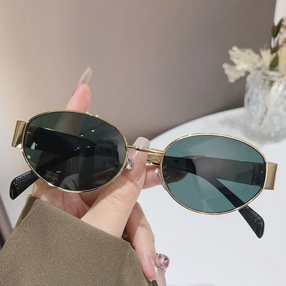 Trendy Oval Sunglasses for Women 2024 Luxury Brand Designer Metal Frame Sun Glasses Ladies Classic Vintage Round Shades Unisex