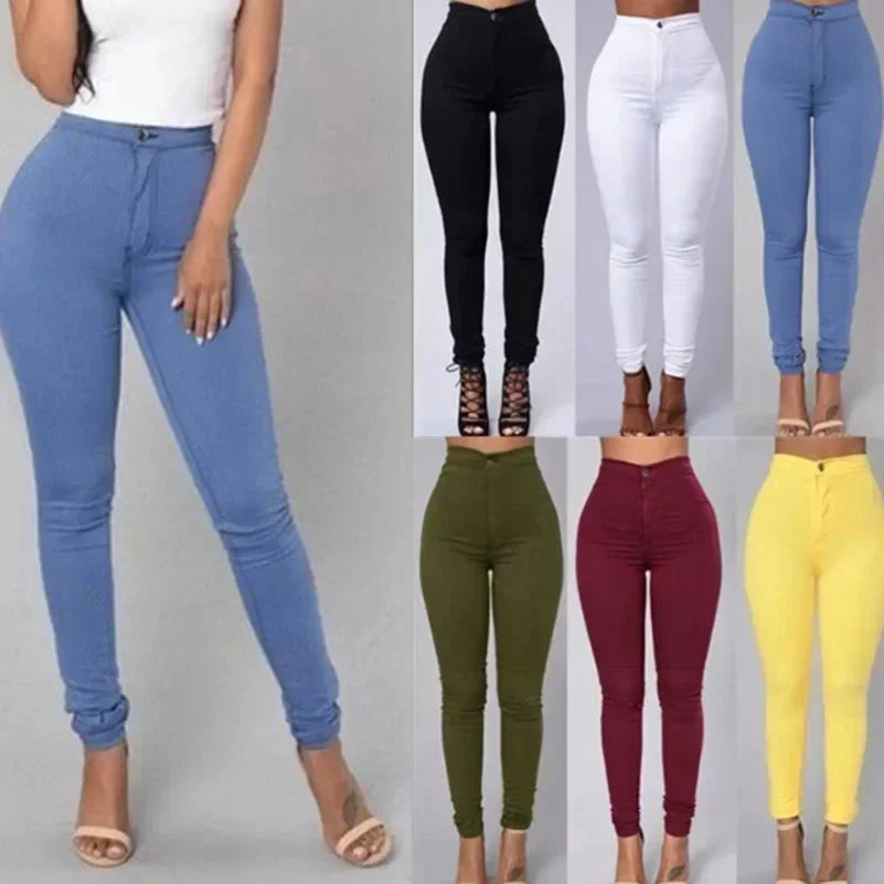 Solid Color Stretch Denim Jeans - Women's High-Waist Skinny Casual Pencil Pants