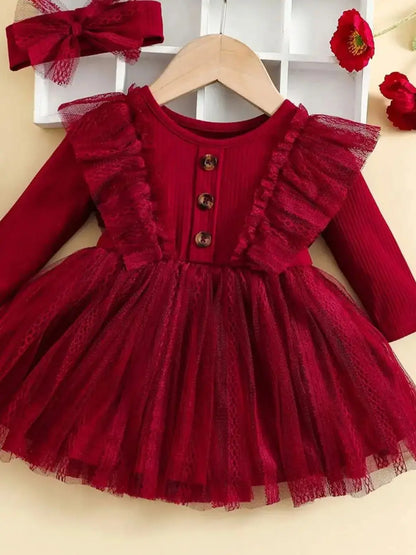 Two-Piece Baby Girl Outfit – Ruffled Mesh Dress & Bow Headscarf