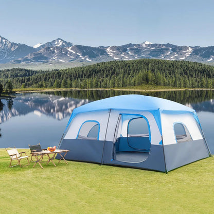 14-Person Camping Tent - 430x430x210cm - Durable Polyester & Fiberglass - Dark Blue and White