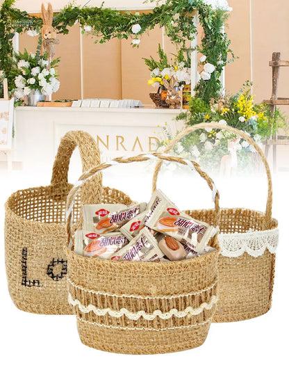 Wedding Lace Burlap Flower Basket Linen Candy Storage Bag Wedding Party Baby Shower Favour Gift Bag