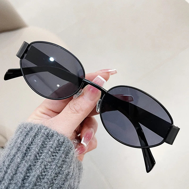Trendy Oval Sunglasses for Women 2024 Luxury Brand Designer Metal Frame Sun Glasses Ladies Classic Vintage Round Shades Unisex