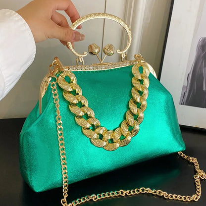 2023 Luxury Women Gold Green Chain Messenger Bags PU Leather Shoulder Bags Shell Clip Designer Handbag And Purse Wedding Clutch