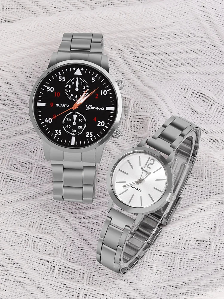 4pcs Versatile Couple Quartz Steel Band Watch and Couple Necklace