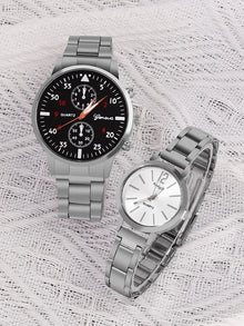 4pcs Versatile Couple Quartz Steel Band Watch and Couple Necklace