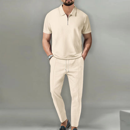 Men's Casual POLO Shirt 2 Set Breathable Pant pull rope Fashion Dress
