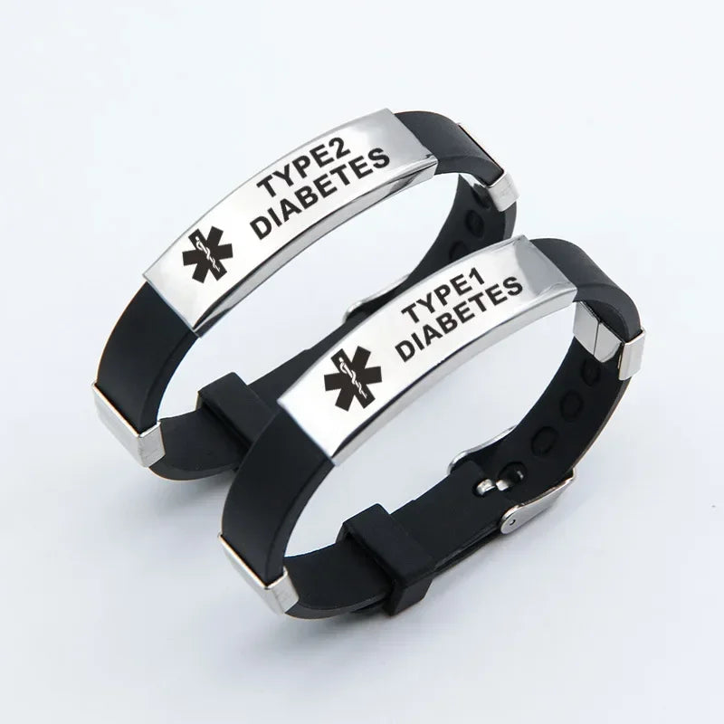 Type 1 Diabetes Medical Alert ID Bracelets for Men Woman Kids Adjustable Silicone Bangles ICE SOS Jewelry