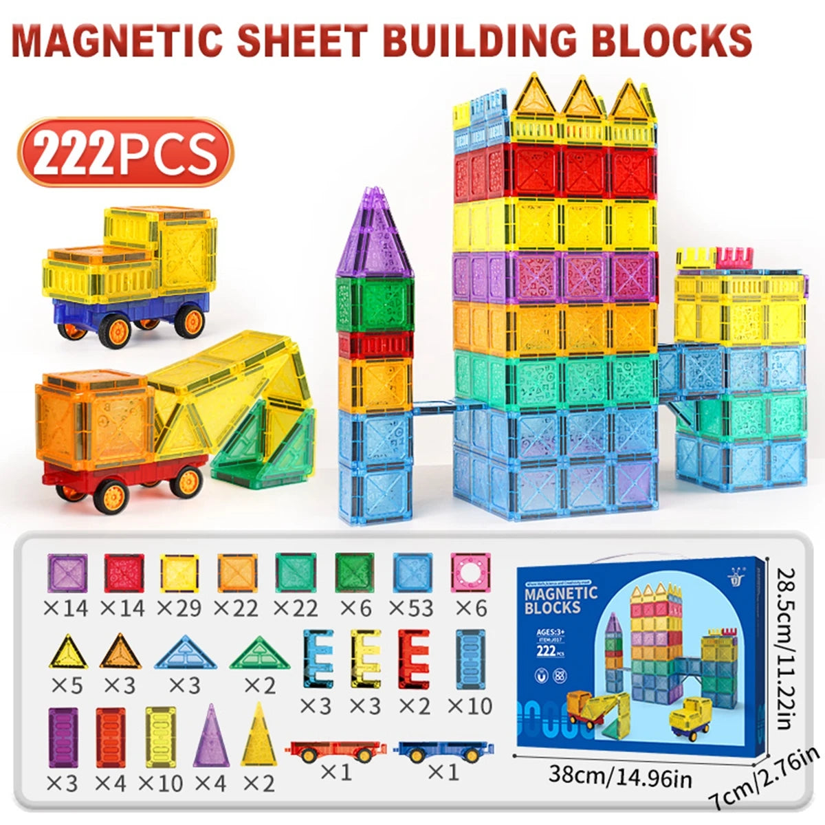 Magnetic Tiles 120Pcs Building Blocks Set with Cars for Kids