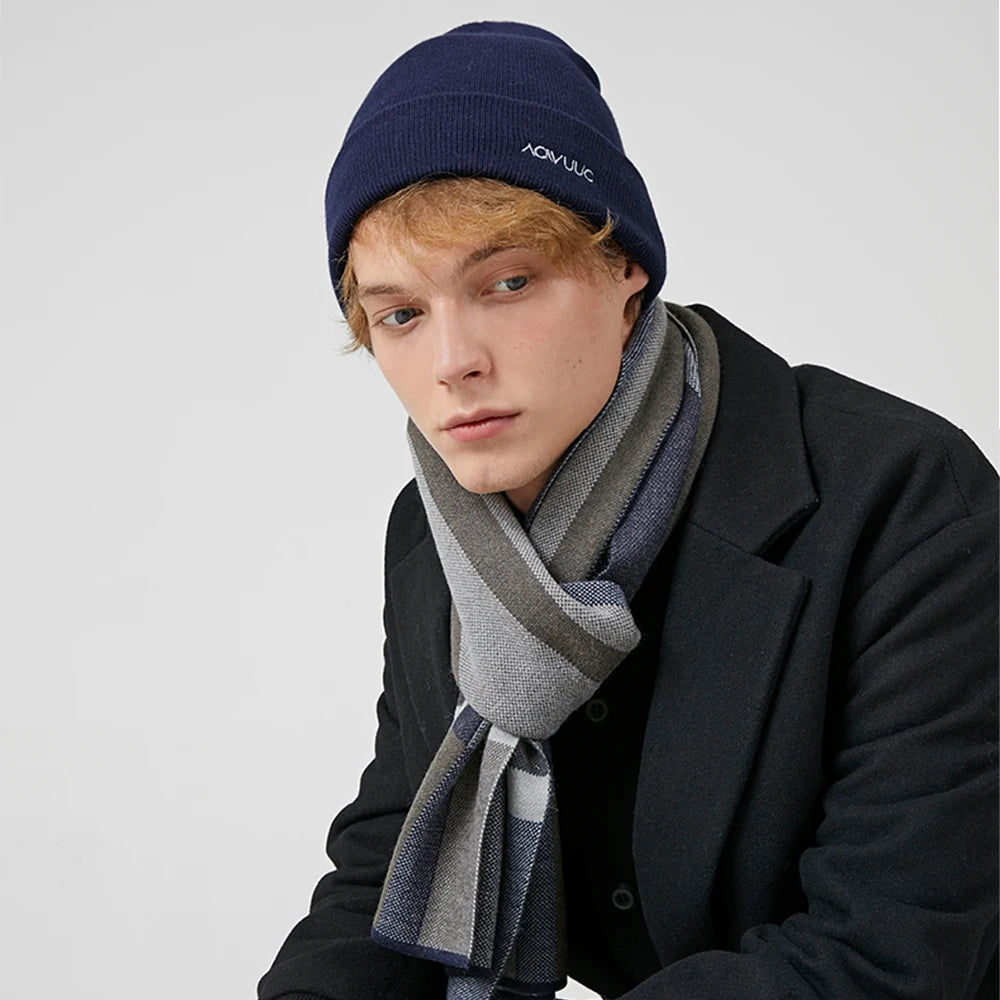 High Quality Wool Blend Scarf Men Thick Versatile Stripe Cashmere Muffler