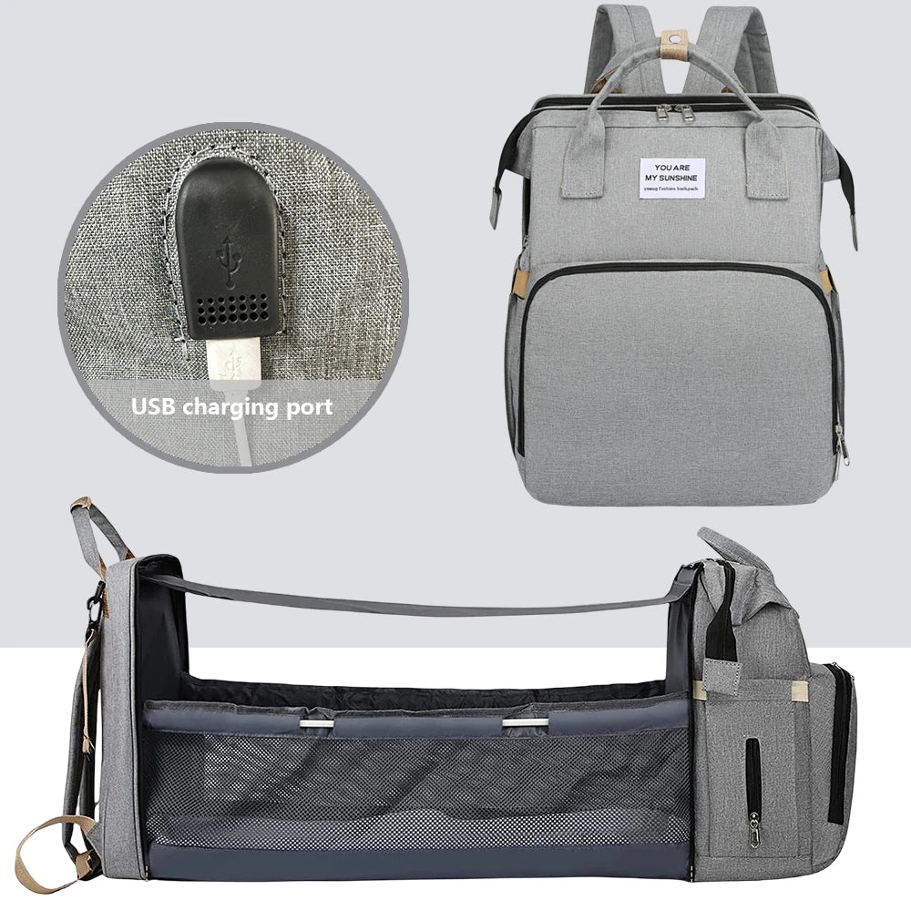Portable Folding Crib Diaper Bag Multi-Function Mummy Bag, 3 in 1 Diaper Bag Backpack with Changing Station, Travel Nappy Bag with Stroller Straps & Changing Pad (D), Waterproof Portable Mom Travel Baby Shower Gifts, Grey!!