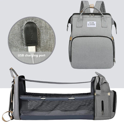 Portable Folding Crib Diaper Bag Multi-Function Mummy Bag, 3 in 1 Diaper Bag Backpack with Changing Station, Travel Nappy Bag with Stroller Straps & Changing Pad (D), Waterproof Portable Mom Travel Baby Shower Gifts, Grey!!